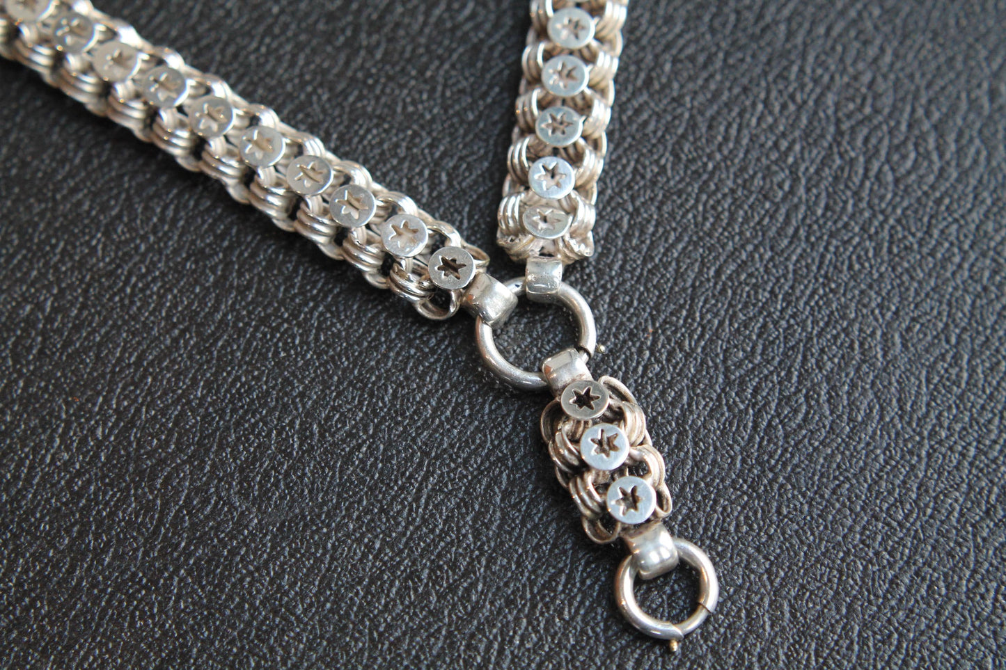 Antique Victorian Sterling Silver Star Link Bookchain Collar Necklace, 16.75"