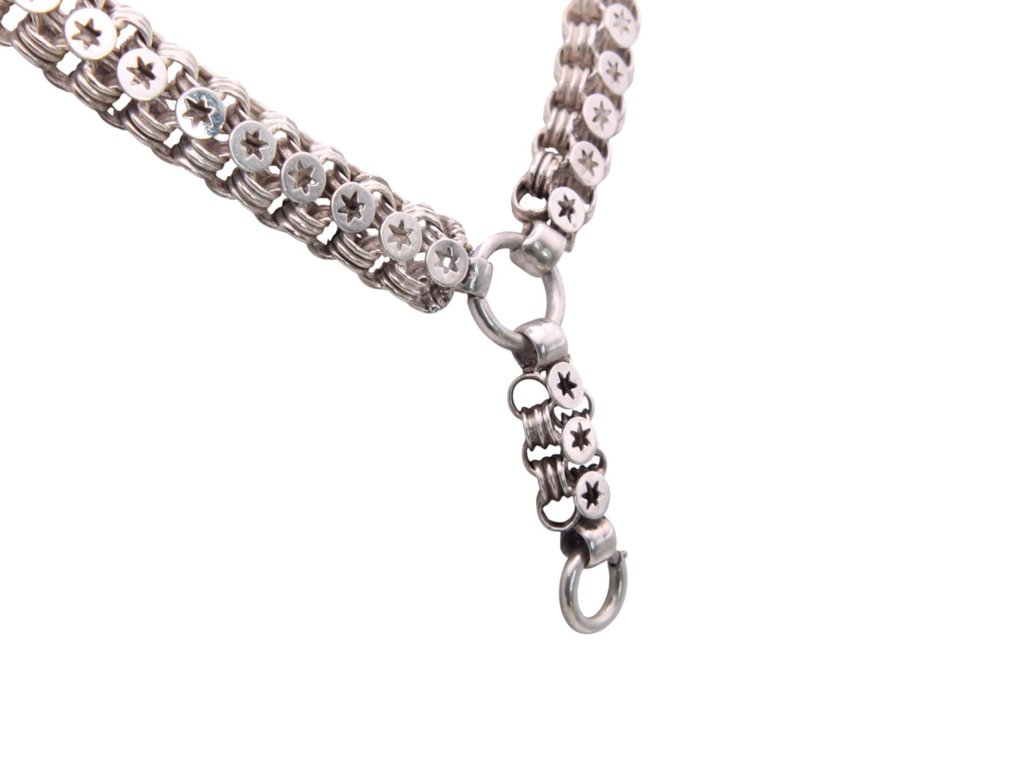 Antique Victorian Sterling Silver Star Link Bookchain Collar Necklace, 16.75"