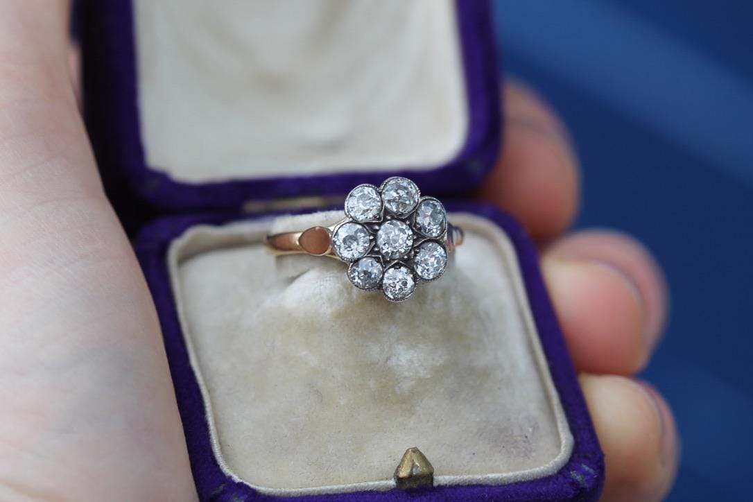 Antique Victorian 18ct Gold Old Mine Cut Diamond Cluster Ring, 1.8CT