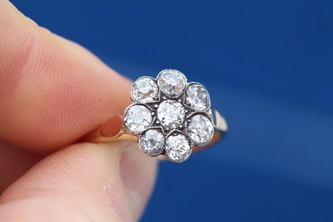 Antique Victorian 18ct Gold Old Mine Cut Diamond Cluster Ring, 1.8CT