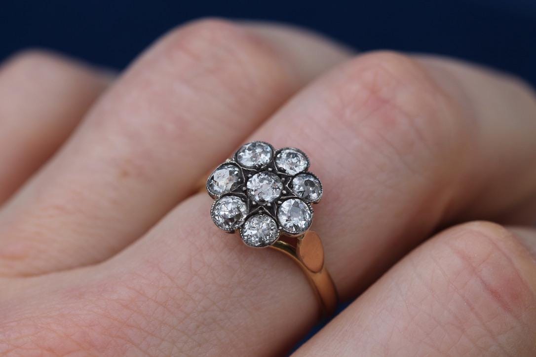 Antique Victorian 18ct Gold Old Mine Cut Diamond Cluster Ring, 1.8CT