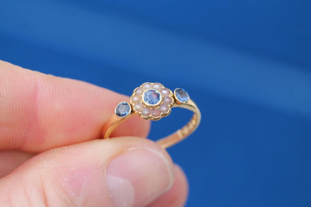 Antique 18ct Gold Sapphire & Pearl Cluster Gypsy Ring, 1897
