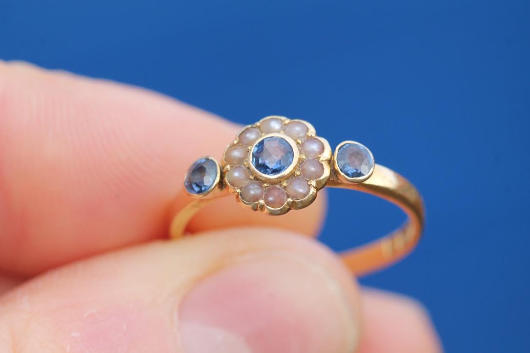 Antique 18ct Gold Sapphire & Pearl Cluster Gypsy Ring, 1897