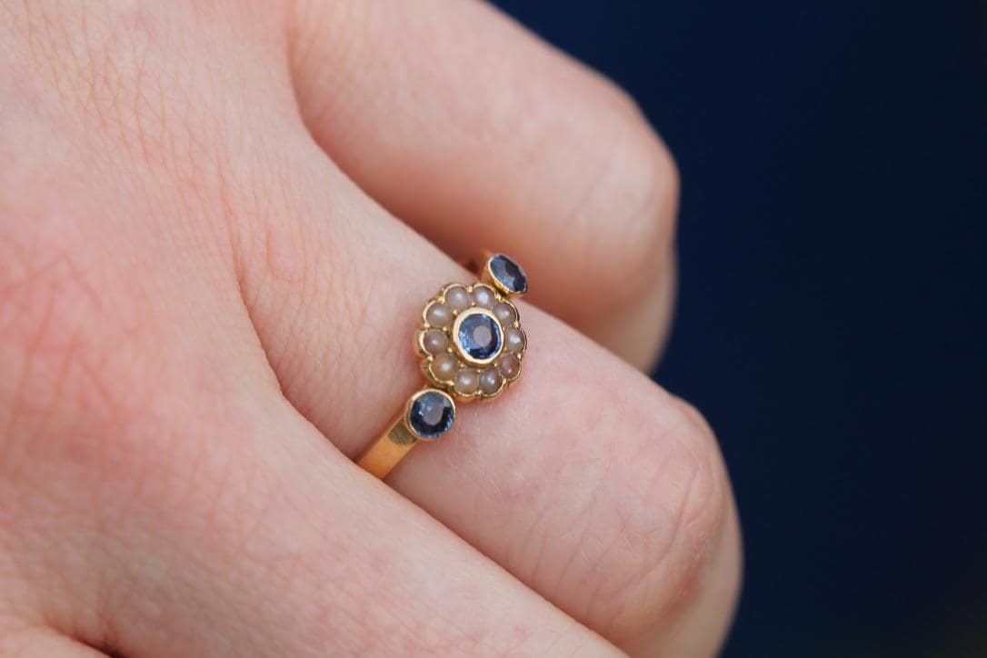 Antique 18ct Gold Sapphire & Pearl Cluster Gypsy Ring, 1897