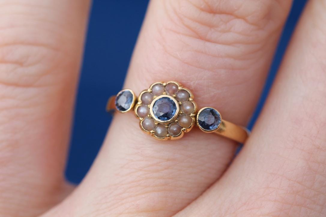 Antique 18ct Gold Sapphire & Pearl Cluster Gypsy Ring, 1897