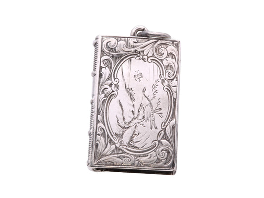 Antique Sterling Silver Book Shaped Vinaigrette Pendant Locket, 1867