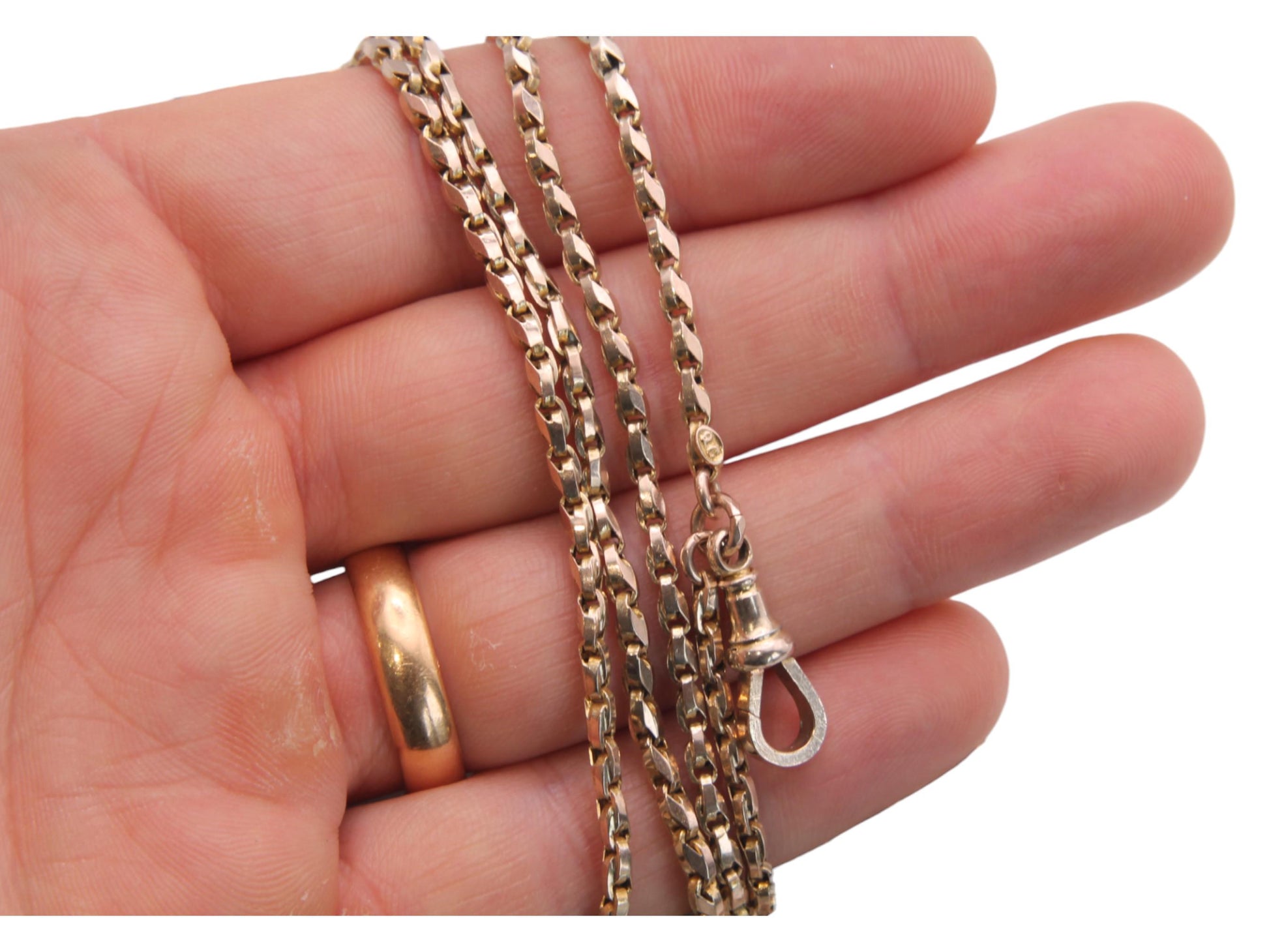 Antique-9ct-Gold-Tulip-Link-Long-Guard-Necklace-Chain,-60"