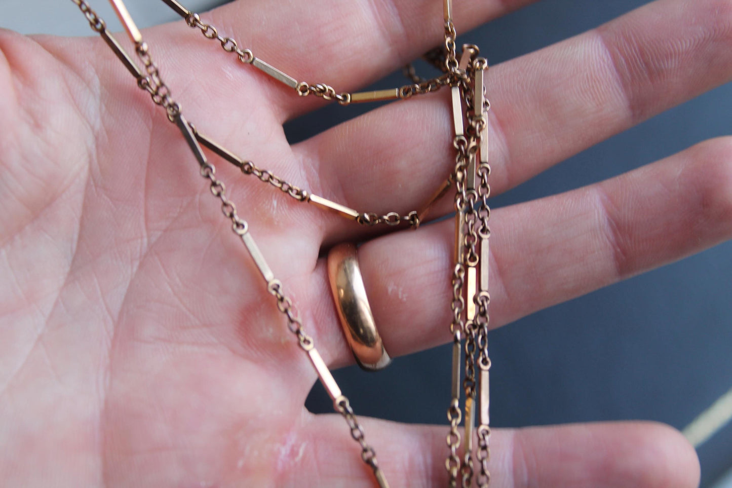 Antique 9ct Rolled Gold Bar Link Long Guard Necklace, 54"