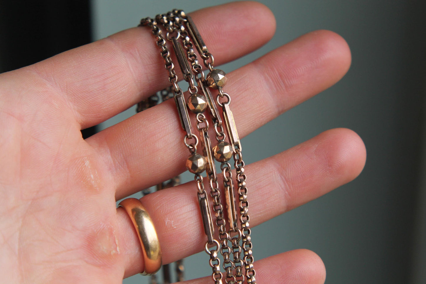 Antique 9ct Rolled Gold Fetter Ball Long Guard Necklace, 51"