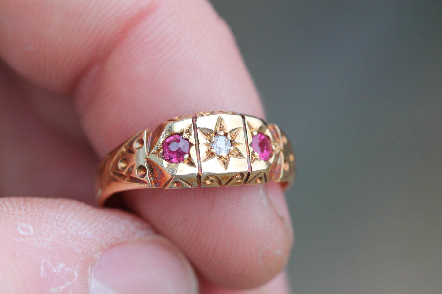 Antique 18ct Gold Diamond Ruby Gypsy Set Ring