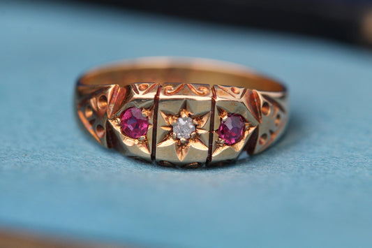 Antique 18ct Gold Diamond Ruby Gypsy Set Ring