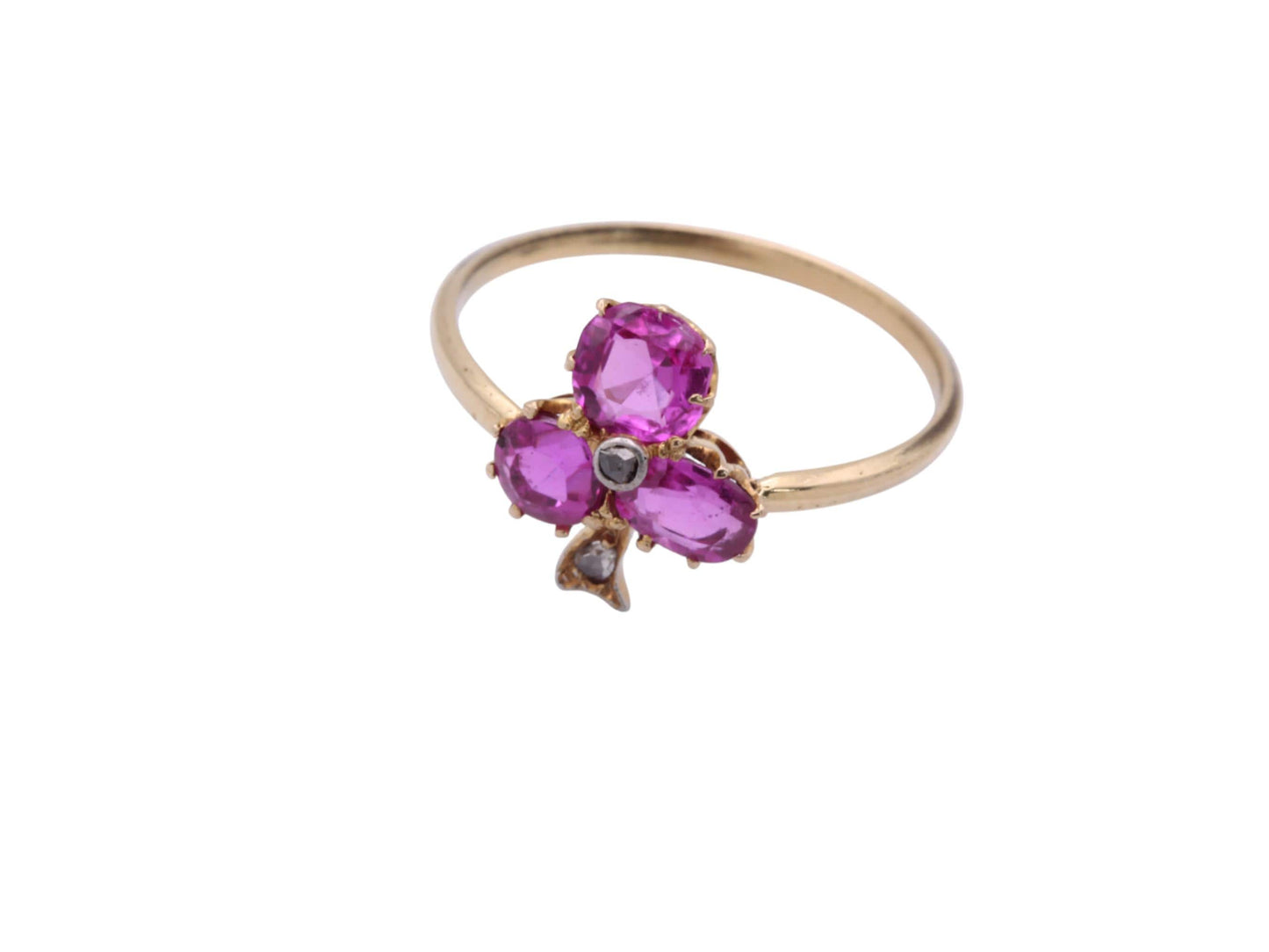 Antique 18ct Gold Pink Sapphire Diamond Shamrock Trefoil Ring, 1.5ct