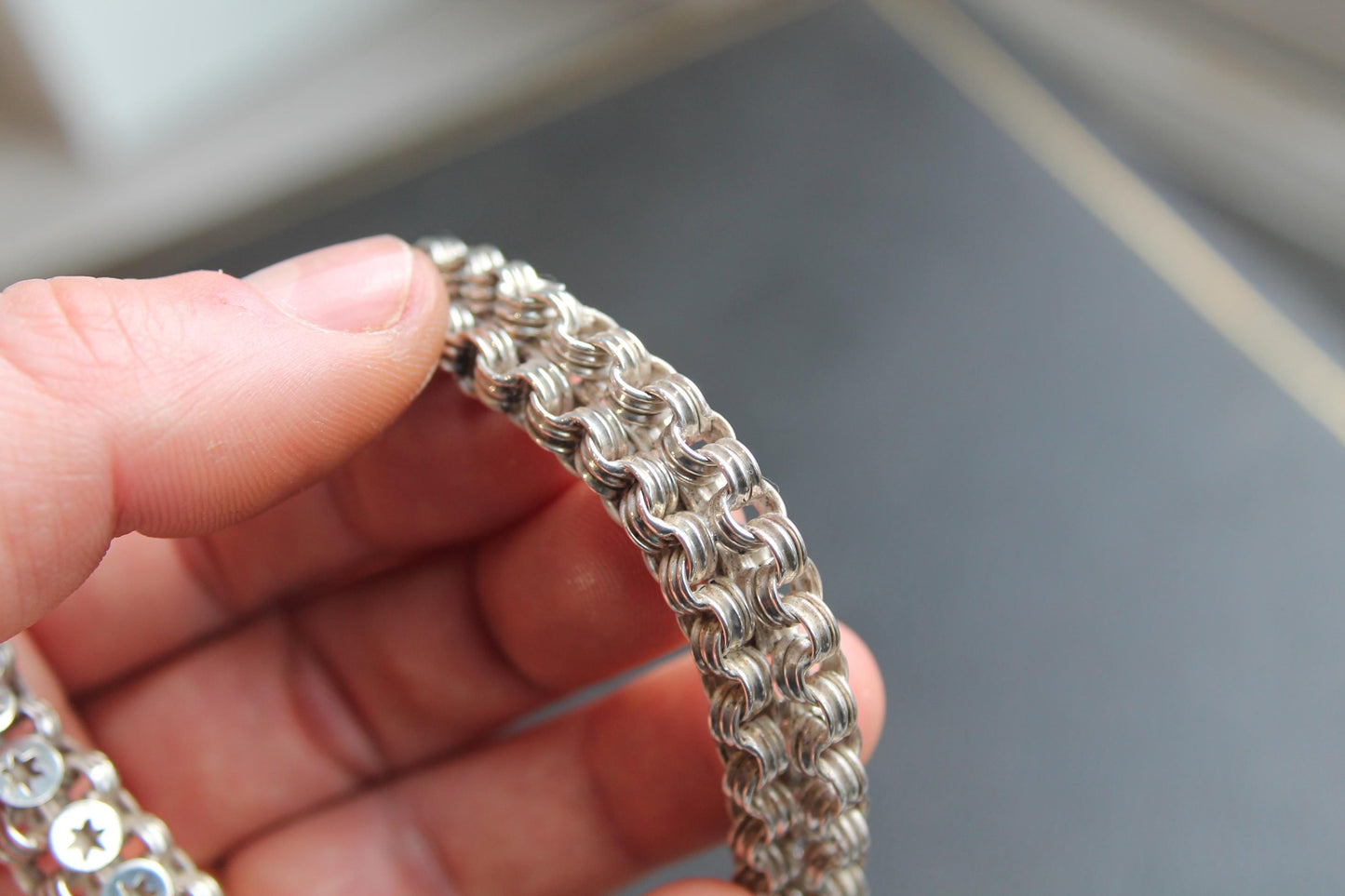 Antique Victorian Sterling Silver Star Link Bookchain Collar Necklace, 16.75"