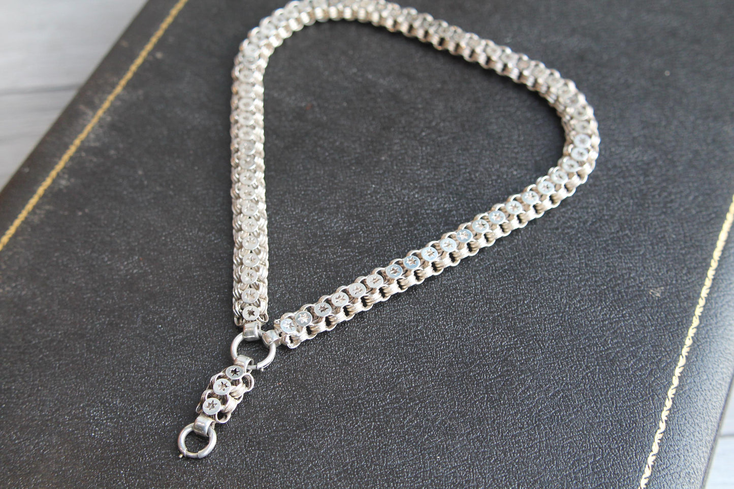 Antique Victorian Sterling Silver Star Link Bookchain Collar Necklace, 16.75"