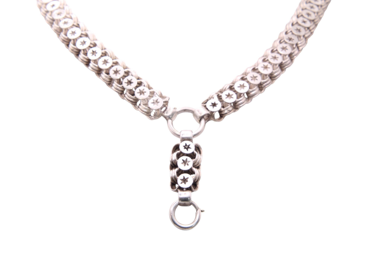 Antique Victorian Sterling Silver Star Link Bookchain Collar Necklace, 16.75"