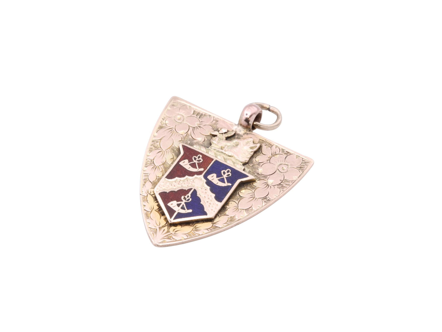 Antique 9ct Gold Shield Enamel Chased Boar Pendant