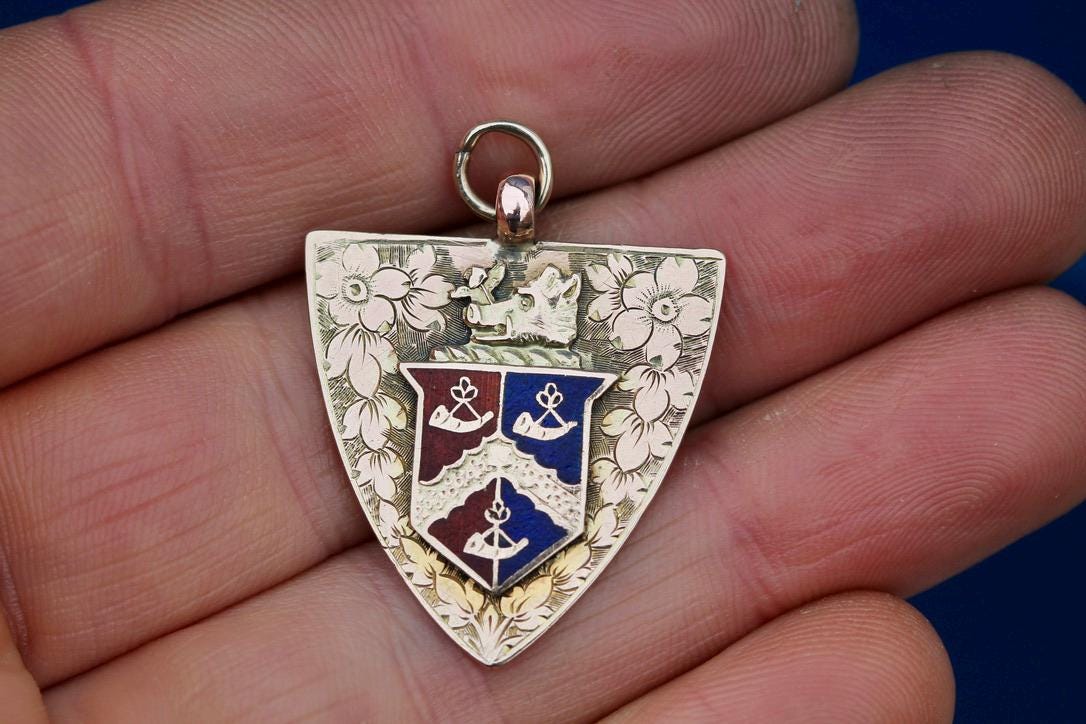 Antique 9ct Gold Shield Enamel Chased Boar Pendant
