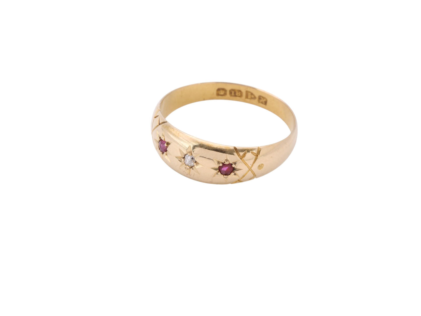 Antique 18ct Gold Diamond Ruby Gypsy Set Ring, 1908