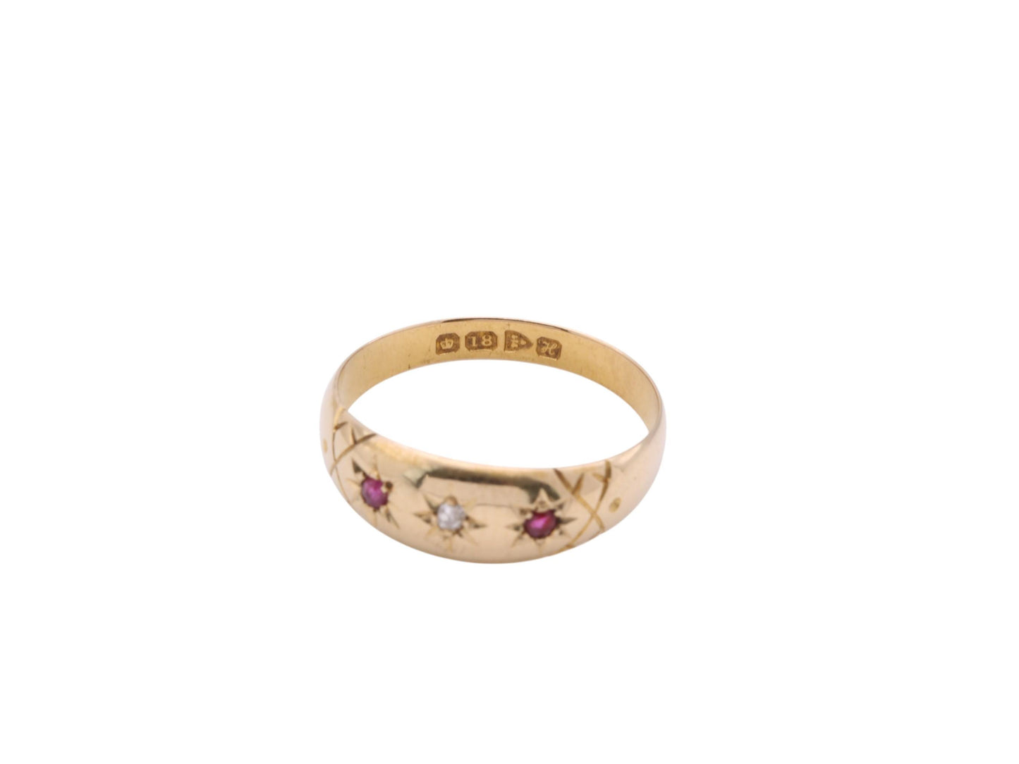 Antique 18ct Gold Diamond Ruby Gypsy Set Ring, 1908