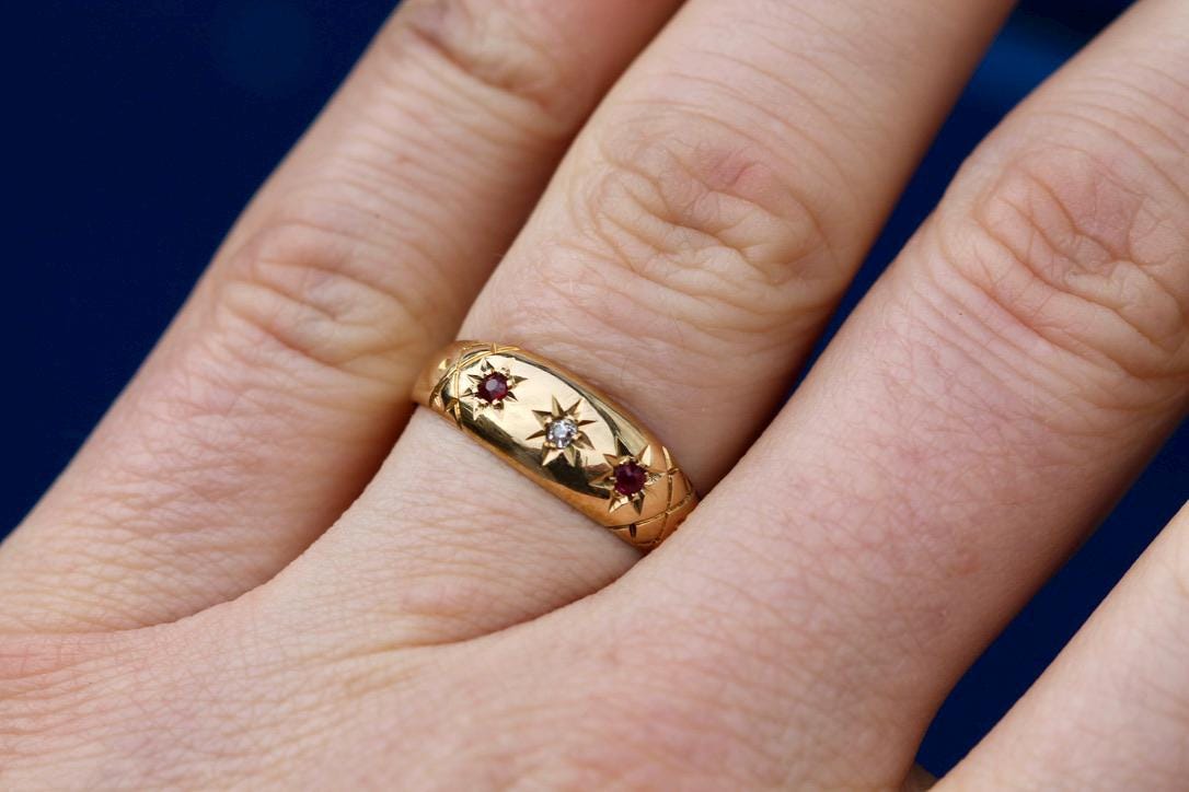 Antique 18ct Gold Diamond Ruby Gypsy Set Ring, 1908