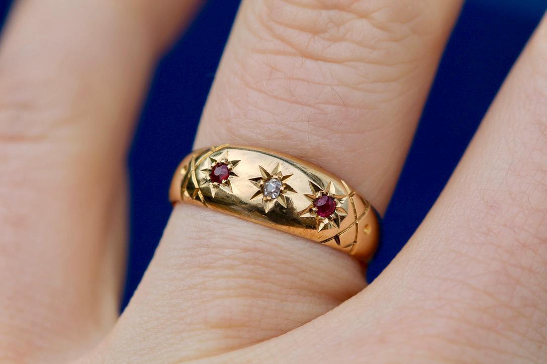 Antique 18ct Gold Diamond Ruby Gypsy Set Ring, 1908