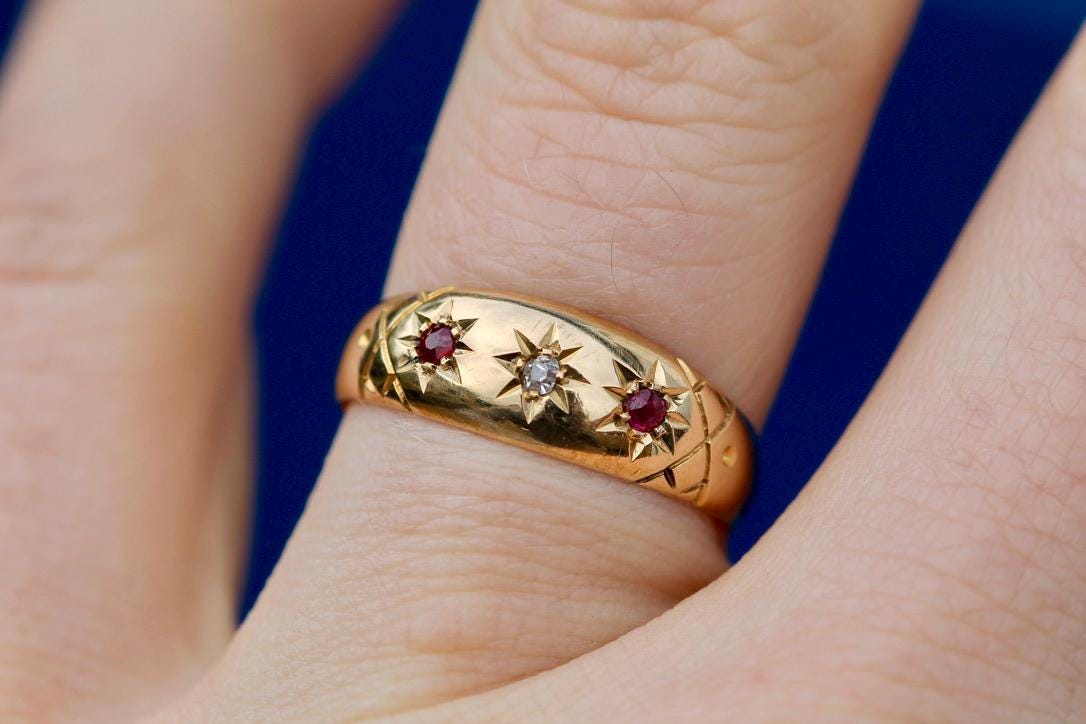 Antique 18ct Gold Diamond Ruby Gypsy Set Ring, 1908