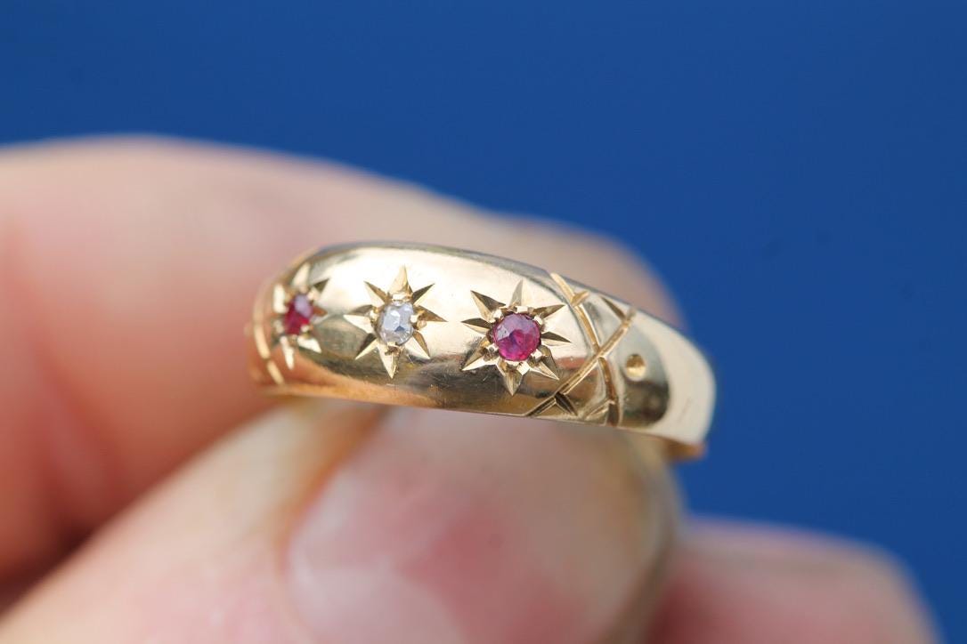 Antique 18ct Gold Diamond Ruby Gypsy Set Ring, 1908