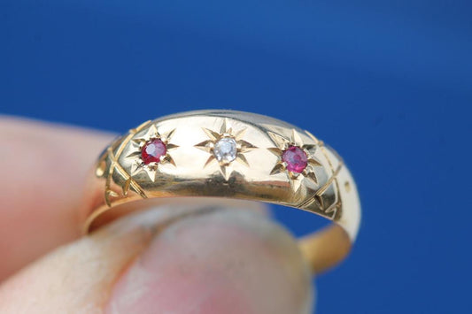 Antique 18ct Gold Diamond Ruby Gypsy Set Ring, 1908