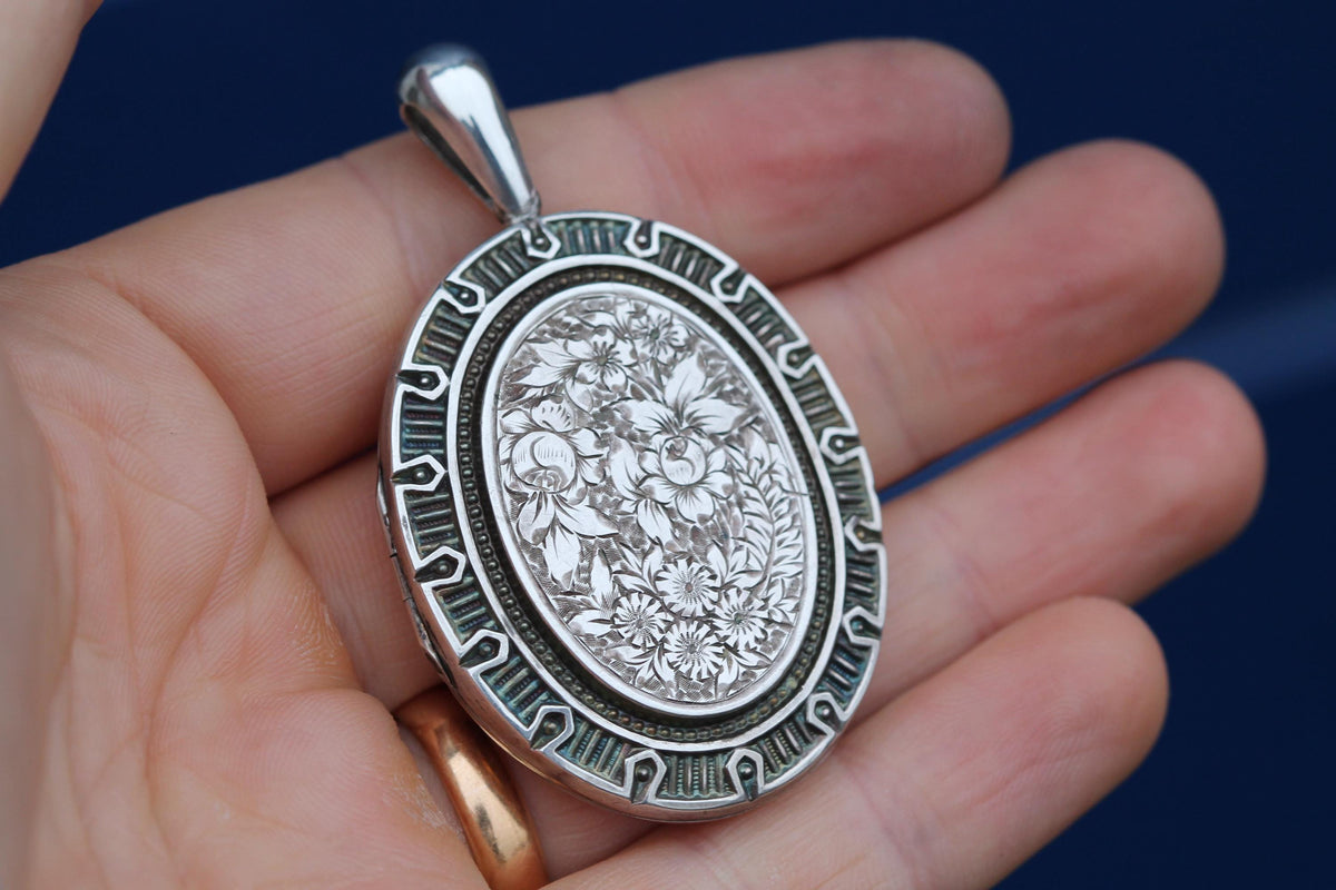Antique Sterling Silver Floral Chased Locket, 1876
