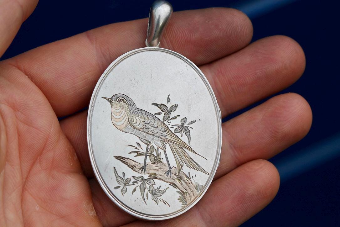Antique Sterling Silver 3 Colour Gold Robin Locket, c.1880