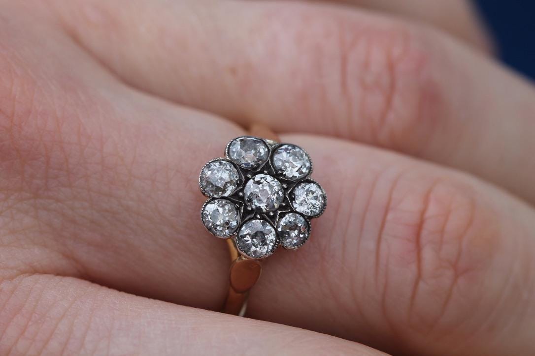 Antique Victorian 18ct Gold Old Mine Cut Diamond Cluster Ring, 1.8CT