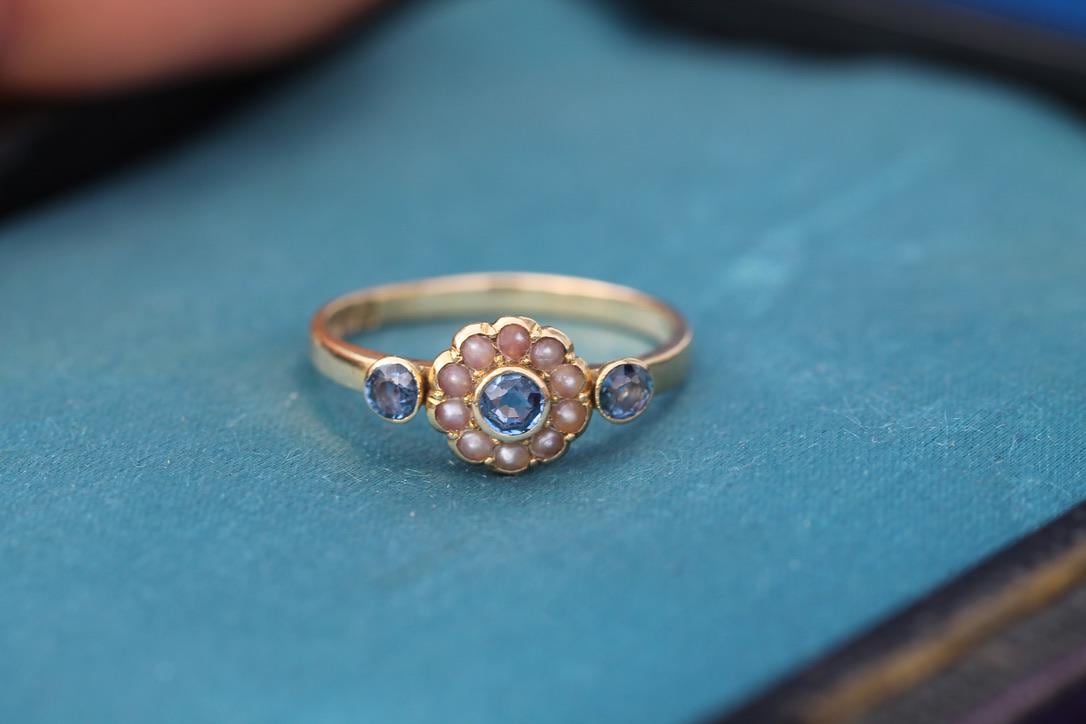 Antique 18ct Gold Sapphire & Pearl Cluster Gypsy Ring, 1897