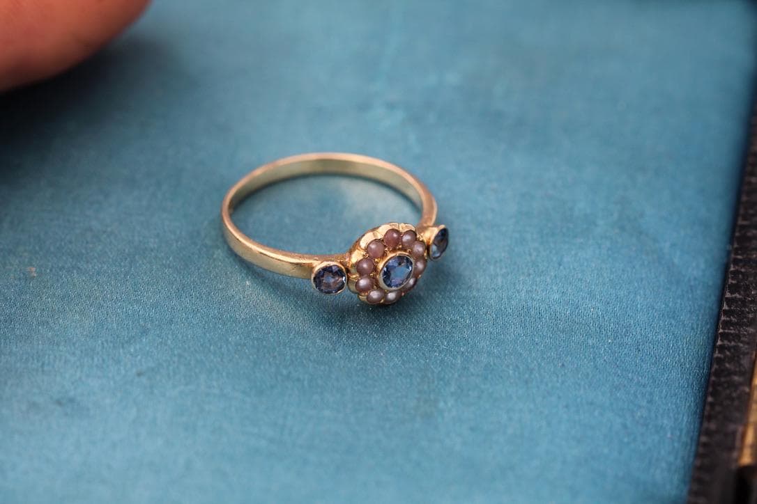 Antique 18ct Gold Sapphire & Pearl Cluster Gypsy Ring, 1897