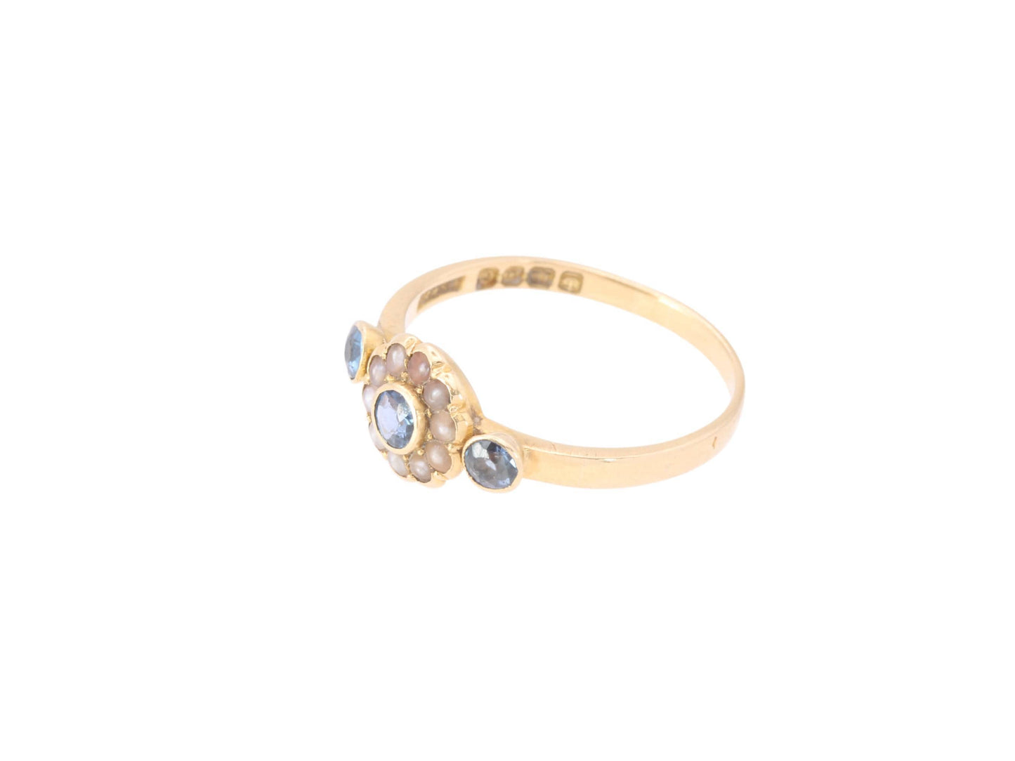 Antique 18ct Gold Sapphire & Pearl Cluster Gypsy Ring, 1897
