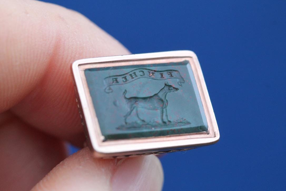 Antique 9ct Gold Pincher Dog Intaglio Crest Pendant, c.1860