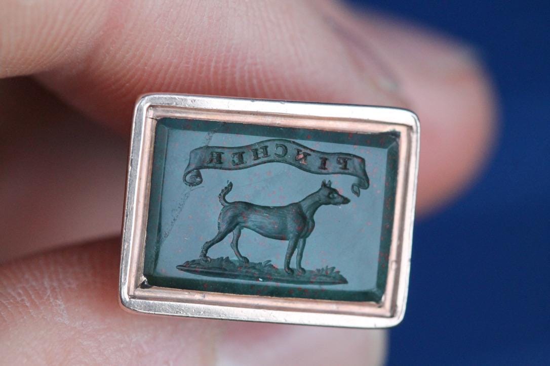 Antique 9ct Gold Pincher Dog Intaglio Crest Pendant, c.1860