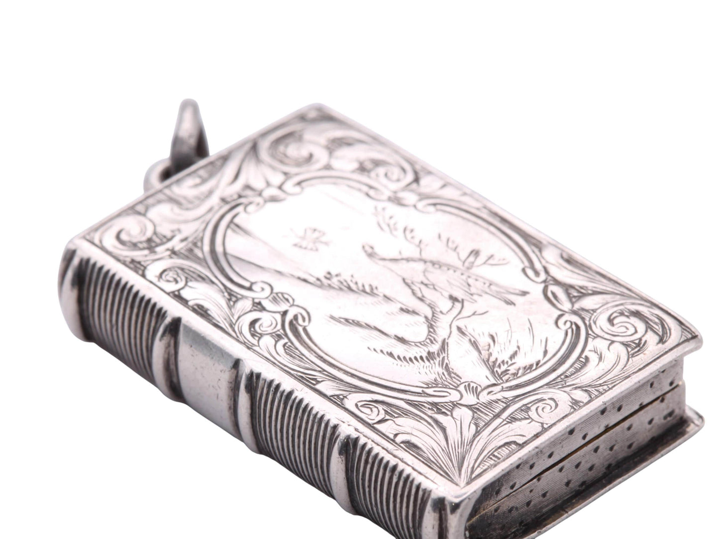 Antique Sterling Silver Book Shaped Vinaigrette Pendant Locket, 1867
