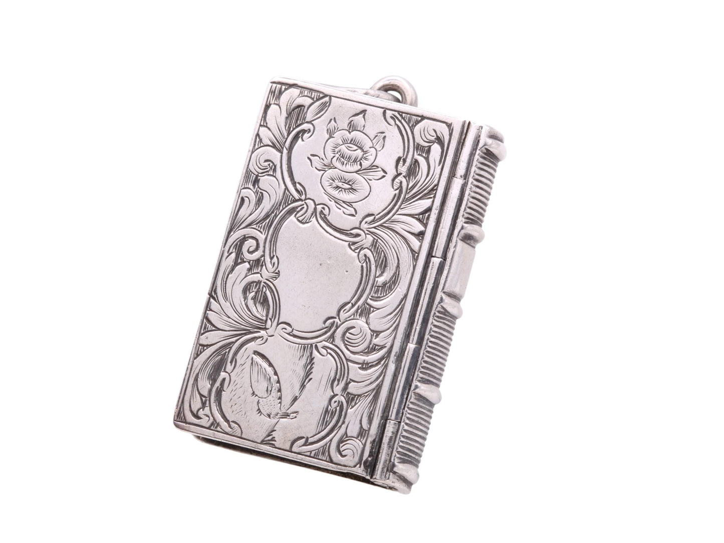 Antique Sterling Silver Book Shaped Vinaigrette Pendant Locket, 1867