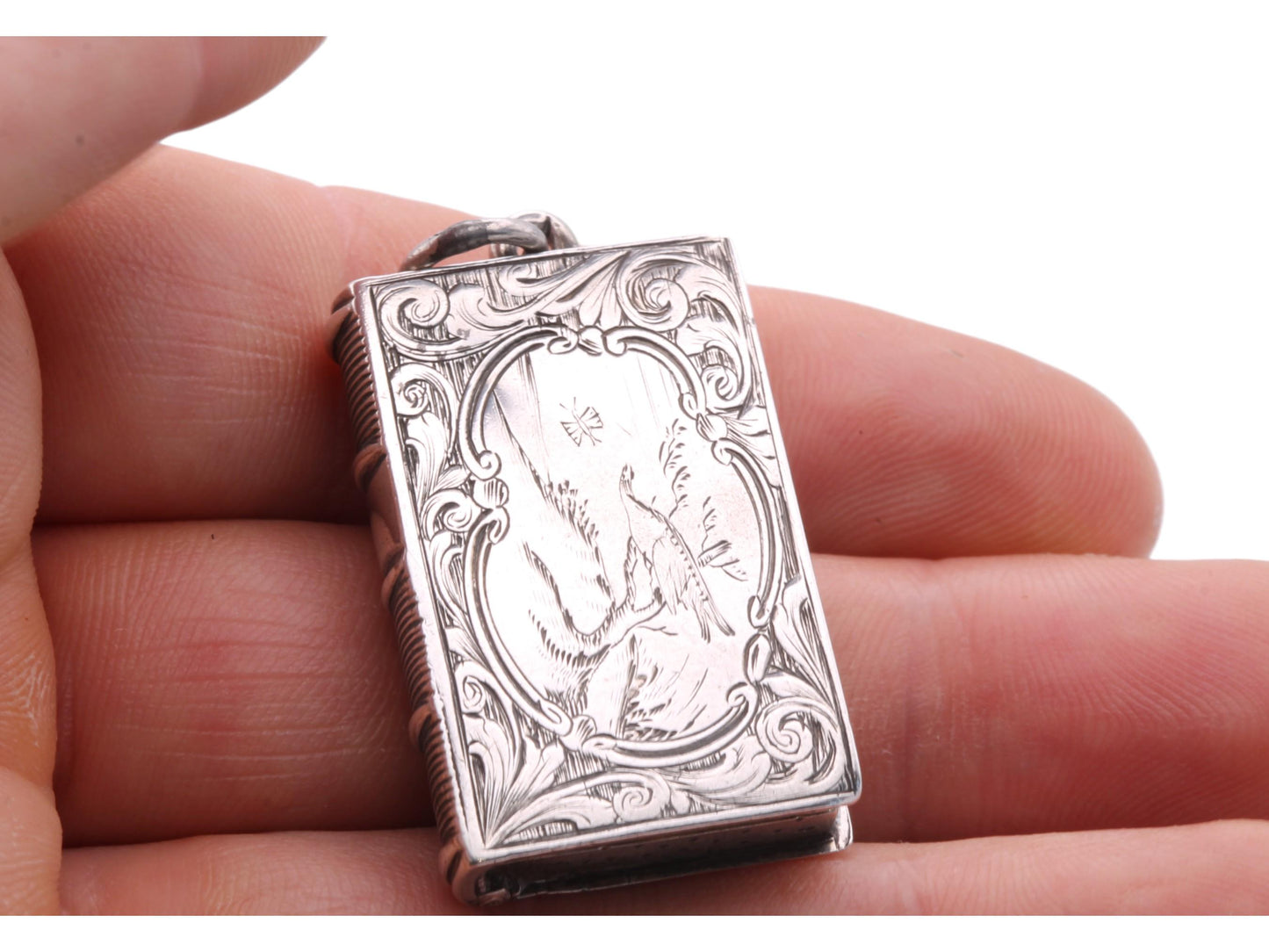Antique Sterling Silver Book Shaped Vinaigrette Pendant Locket, 1867