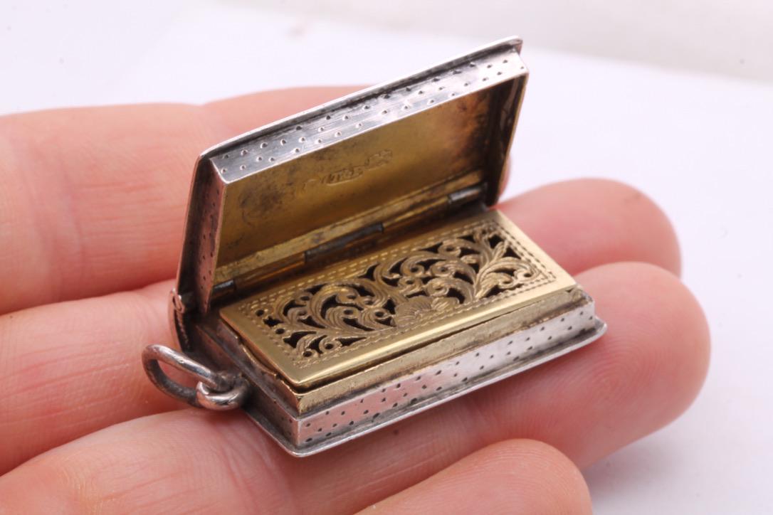 Antique Sterling Silver Book Shaped Vinaigrette Pendant Locket, 1867