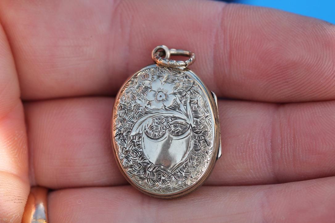 Antique 9ct Gold Chased Enamel Forget Me Not Locket, c.1860