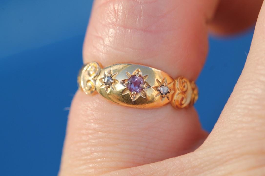Antique 15ct Gold Amethyst Diamond Gypsy Set Ring