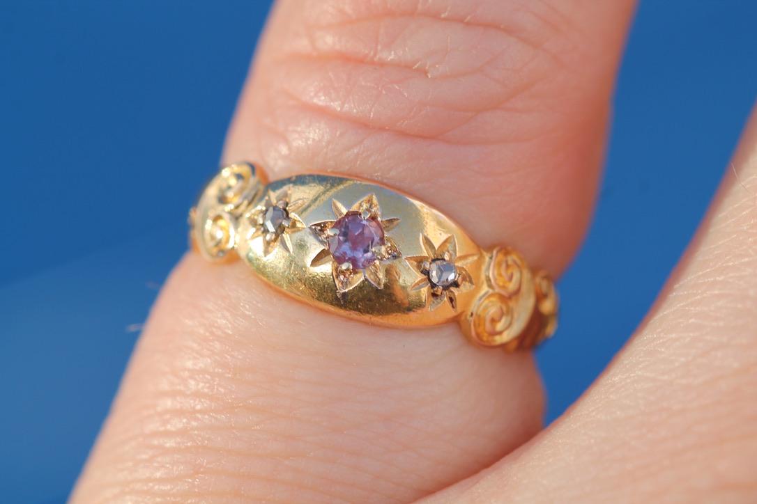 Antique 15ct Gold Amethyst Diamond Gypsy Set Ring