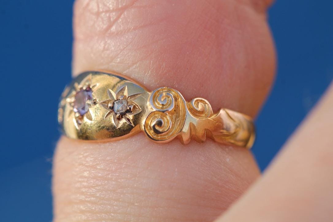 Antique 15ct Gold Amethyst Diamond Gypsy Set Ring