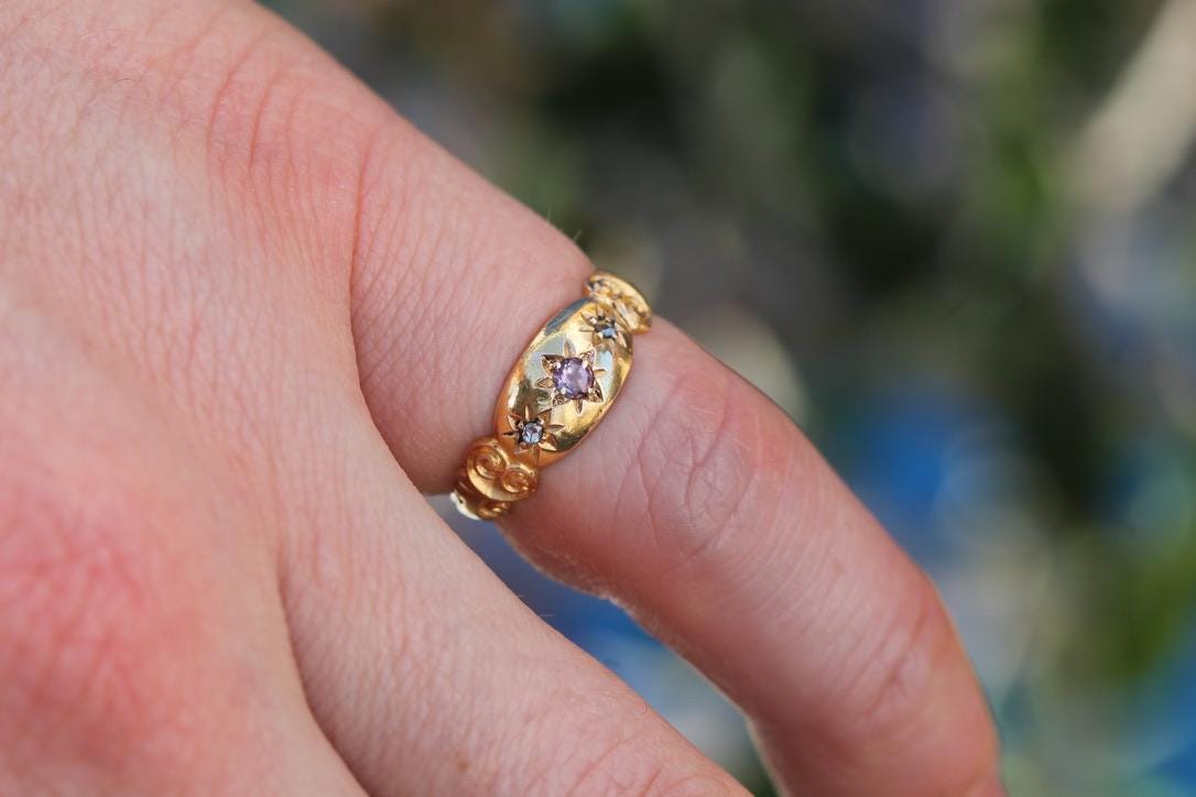 Antique 15ct Gold Amethyst Diamond Gypsy Set Ring