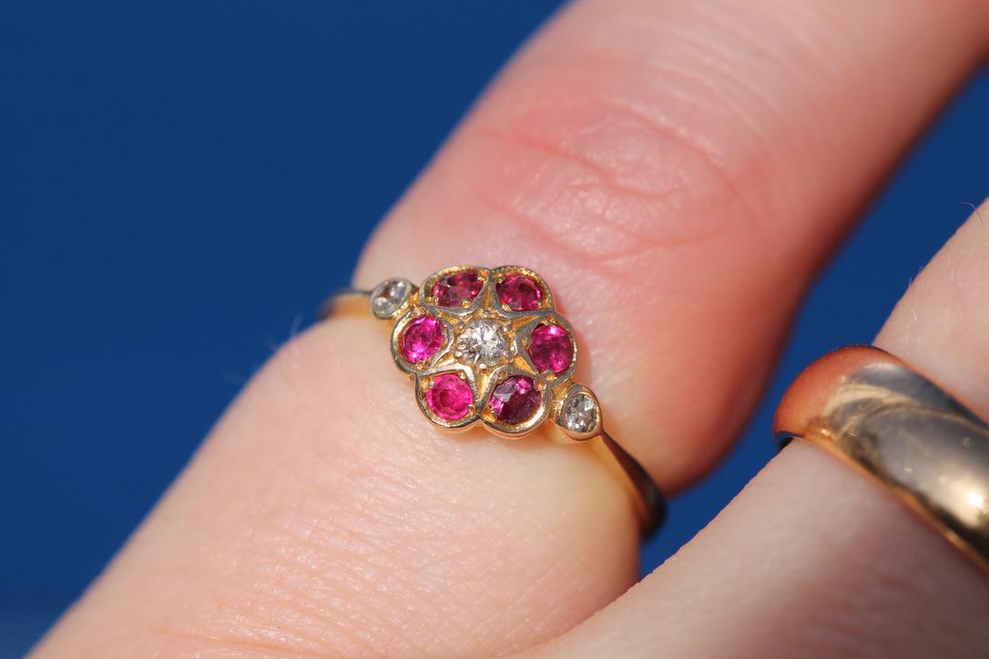 RESERVED Antique 18ct Gold Diamond Ruby Cluster Ring