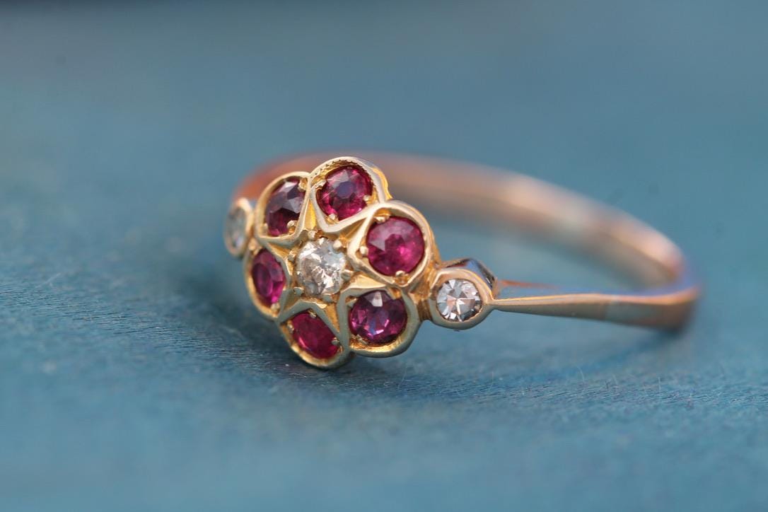 RESERVED Antique 18ct Gold Diamond Ruby Cluster Ring