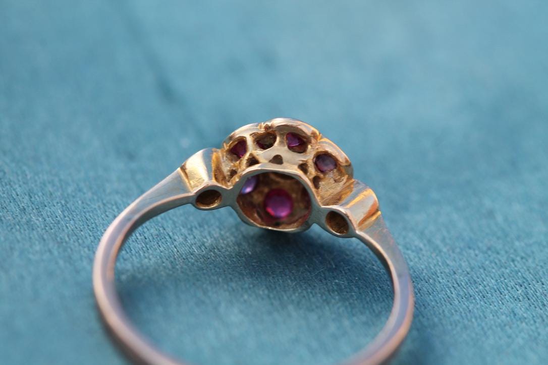 Antique 18ct Gold Diamond Ruby Cluster Ring