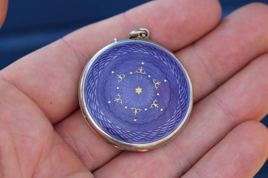 Antique Art Deco Sterling Silver Purple Guilloche Enamel Locket