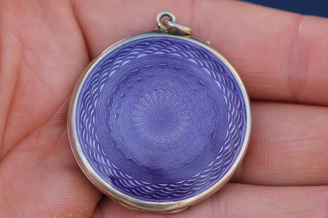 Antique Art Deco Sterling Silver Purple Guilloche Enamel Locket